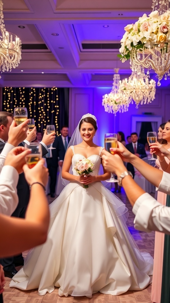 Guests at a wedding reception raising glasses in a toast to the bride.